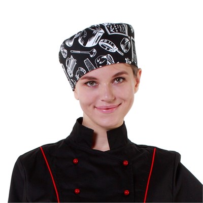 Шапочка повара «Таблетка» поварёшки и кастрюли на чёрном фоне [00400] 77273 - фото 5493432