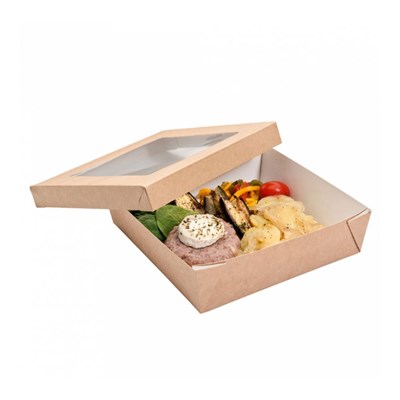 Ланч-бокс с крышкой (с окном), влагостойкий, 750 мл,14*14*5 см,(1упаковка =25 шт),коричневый картон, 81211247