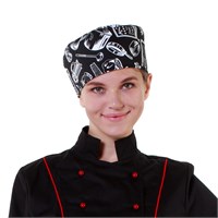 Шапочка повара «Таблетка» поварёшки и кастрюли на чёрном фоне [00400] 77273