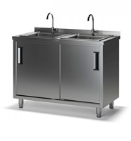 Двухсекционная ванна моечная СКМ-2 с тумбой с бортом (1200х600х870), 2 мойки цельн. накладные 400х500х140, отверстие под смеситель сбоку 92144