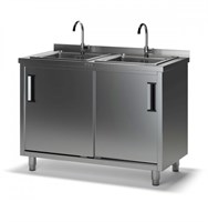Двухсекционная ванна моечная СКМ-2 с тумбой с бортом (1500х600х870), 2 мойки цельн. вварные 400х400х250, отверстие под смеситель по центру 92148